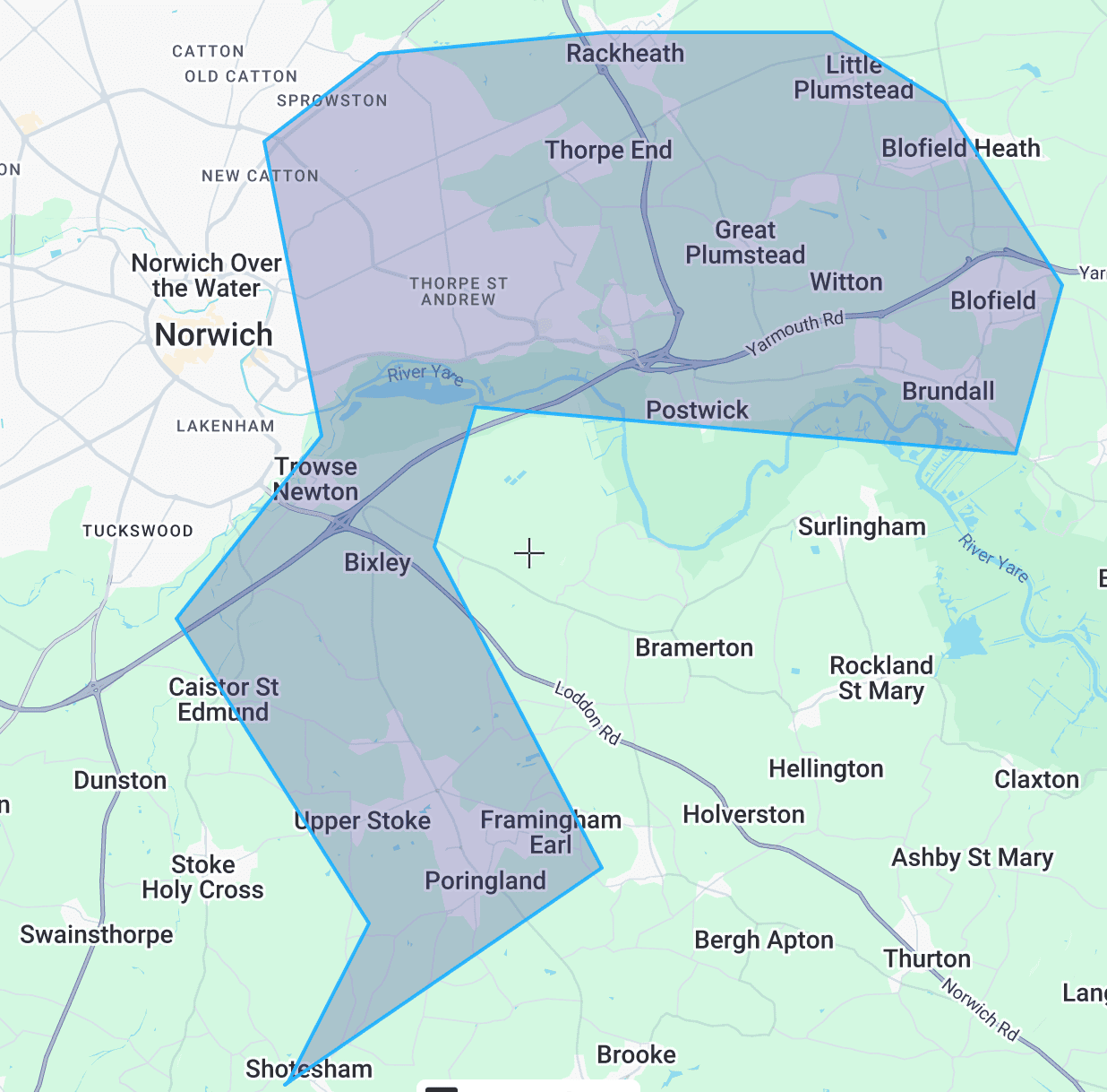 Map showing Tailblazers Norwich service area covering North, East and South Norwich and surrounding areas